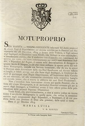 "Motuproprio". S.M. La Regina Reggente informata dei dubbj promossi da alcuni Capi di Dipartiment...