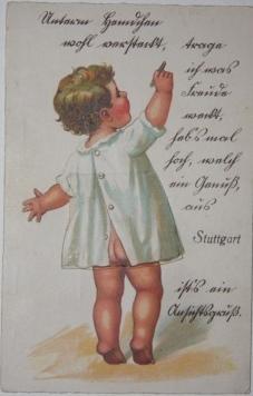 Postcard from Stuttgart Featuring an Infant with Crayon and Wearing a Smock with a Flap Pull-up, ...