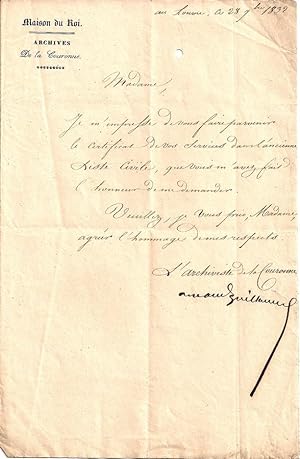 Lettre autographe signée de l'archiviste de la couronne Armand GUILLAUME à en-tête de la Maison d...
