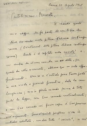 Lettera manoscritta autografa, firmata, su una facciata e mezzo, datata Roma 10 agosto 1946 e ind...