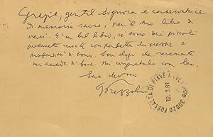 Breve messaggio manoscritto su biglietto da visita intestato Avv. Gentili Gentile, firmato ma non...