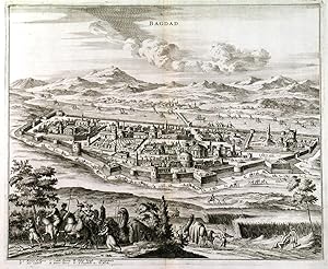BAGDAD. Decorative half-birds-eye view of Baghdad with camels and horses in the foreground. Pu...