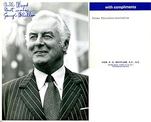 Gough Whitlam, inscribed portrait photograph and compliments slip