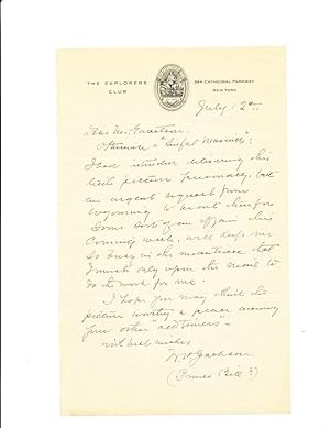 Autograph Letter Signed on "Explorers Club," stationery, 8vo, New York, July 12, n.y.