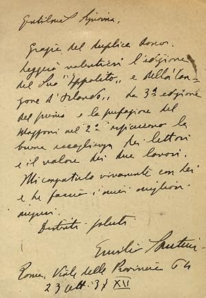 Cartolina postale manoscritta autografa, firmata, indirizzata a Elda Bossi, Forte dei Marmi. Viag...