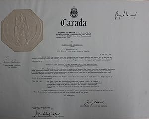 Judge David Sutherland certificate of Canada (signed by at least George Vanier co-signed by Judy ...