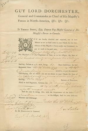 Guy Carleton, Lord Dorchester, Document Signed giving an account of money that is owed from Octob...