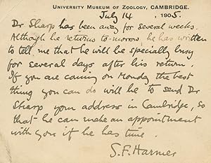 Inscribed signed postcard S.F. (Sidney Frederic) Harmer
