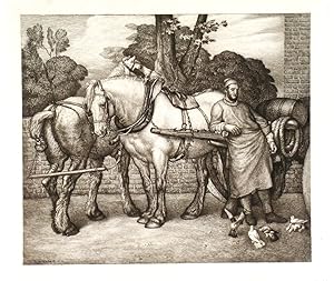 Untitled . A Drayman and his horses. Original etching bt G.W. Rhead after a painting by G.F.Watts...