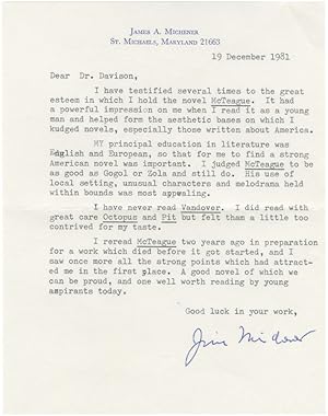 Typed letter signed from James Michener, discussing the influence of Frank Norris' "McTeague" on ...