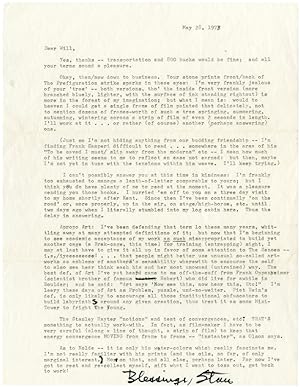 Lengthy typed letter signed from Stan Brakhage to Will Petersen
