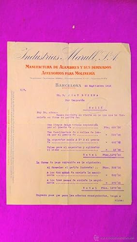 FACTURA MECANOGRAFIADA, D. JUAN BUXEDA, INSDUSTRIAS MARULL S.A. 1916. MOLLO, CAMPRODON