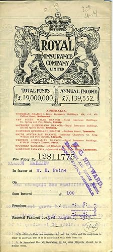 The Royal Insurance Company Limited - Victoria Branch, Melbourne - policy dated 1914 for househol...