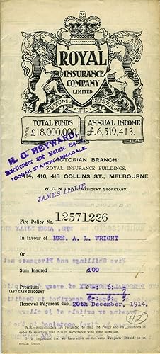 The Royal Insurance Company Limited - Victoria Branch, Melbourne - policy dated 1914 for househol...