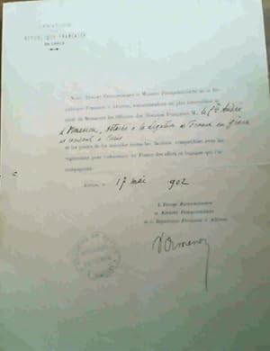 Letter of passage from the French Legation in Athens to French customs dated 1902 - signed by Oli...