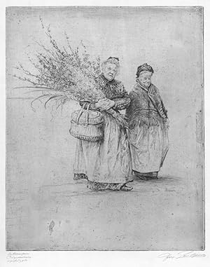 BLUMEN. "Die Blumenfrauen". Darstellung zweier Frauen mit einem großen Blumenstrauß.