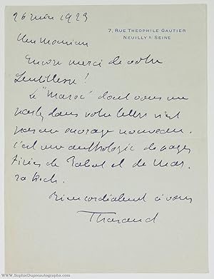 Autograph Letter Signed 'Tharaud' to Monsieur Premsela, (Jean, 1877-1952, French Writer and Acade...