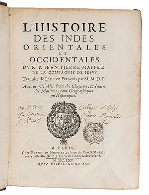 L'Histoire des Indes Orientales et Occidentales Paris, Robert de Ninville, 1665. 2 volumes bound...