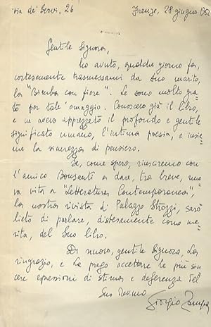 Lettera manoscritta autografa, firmata, indirizzata alla scrittrice Elda Bossi, stesa su una facc...