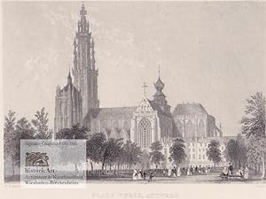 Place Verte, Antwerp. Kathedrale von Antwerpen vom Grünen Platz aus mit reicher Personenstaffage ...