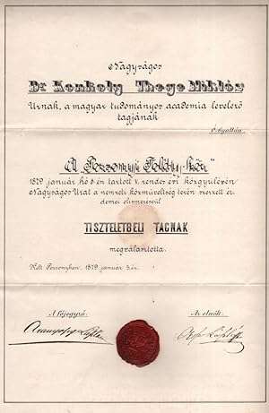 Miklós Konkoly-Thege's Appointing Document as Honorary Member of the in Pozsonyi Toldy-kör (Toldy...