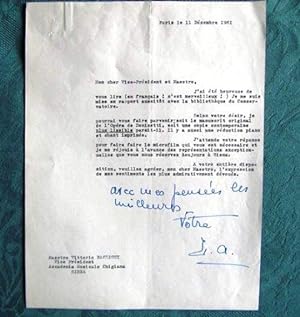 Lettre Autographe Signée de Yvonne Astruc en 1961.