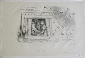 'La Cagna' (the dugout). World War I signed lithograph