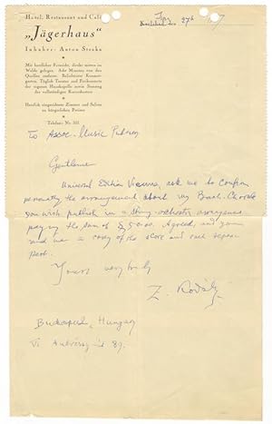Autograph letter signed "Z. Kodály" to Associated Music Publishers in New York