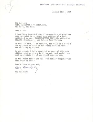 Signed Bradbury letter to Holt, Rinehart & Winston regarding inclusion of his short story in "Und...