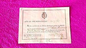 RECIBO DE LA OFICINA DEL CORREO GENERAL 1816, ANTONIO GUILLERMO, NICOLAS DELGADO