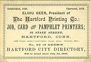 'Elihu Geer, President . Job, Card and Pamphlet Printers'. Trade card with calendar