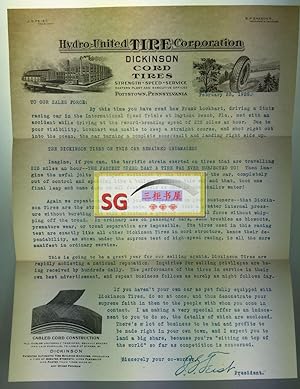 Memorabilia from Hydro-United Tire Corporation. Typed Letter to Sales Force Dated Feb. 25, 1928, ...