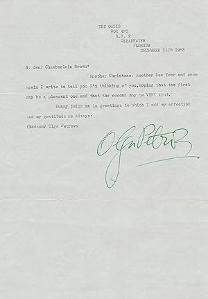 TYPED LETTER SIGNED by Silent film actress and playwright OLGA PETROVA to AGENT CHAMBERLAIN BROWN.