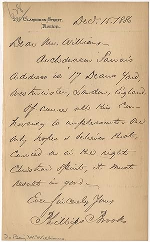 Autograph Letter Signed ("Phillips Brooks") to Benjamin W. Williams