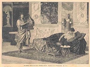 Griechischer Sklave vor seiner römischen Herrin. Die Römerin liegt auf einem Diwan und hört dem L...