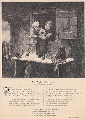 Geschwister füttern Vögel im Schnee. Darunter das Gedicht "Der Vöglein Christkind" von Frida Schanz.
