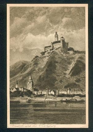 Ansichtskarte: Ansicht über den Rhein der Ort und die Marksburg. Künstlerkarte. 0, s/w, I-II, 1928.