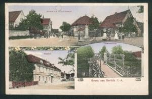 Ansichtskarte: Staße mit Kriegerdenkmal, Gasthof, Pleissenbrücke. Mehrbildkarte. 0, col., I-II, 1...
