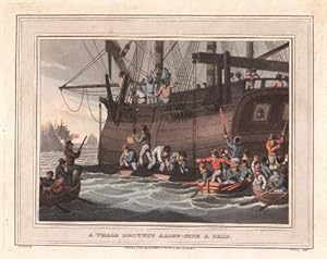 A Whale brought along-side a Ship. Kolorierter Aquatinta-Kupferstich von Dubourg nach J.H.Clark.
