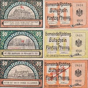 Notgeld der Gemeinde Rödding. 3 Gutscheine über 50 Pfenning.