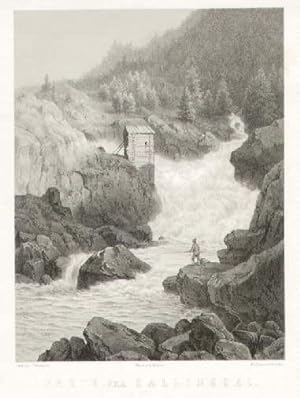 Partie fra Hallingdal. Ansicht mit Wasserfall und Angler. Lithographie mit Tonplatte von J.Helles...