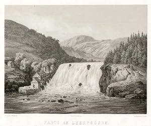 Leerfossen. Ansicht des Wasserfalls. Lithographie mit Tonplatte von J.Hellesen nach Frich im Verl...