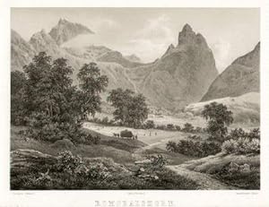 Ansicht des Berges, im Vordergrund Bauern bei der Heuernte.Lithographie mit Tonplatte von J.Helle...