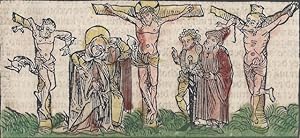 Two hand-colored woodcut illustrations of the "Adoration of the Magi" and "Christs Crucifixion"