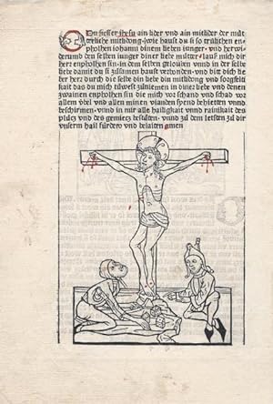 Two half-page woodcut miniatures of the Crucifixion with Longinus spearing the side of Christ and...