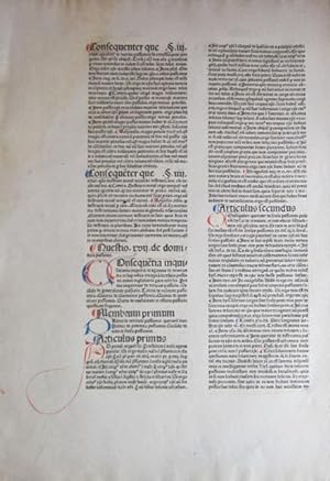 Single incunable leaf from Bonaventura treatise, "Quaestiones super IV libros Sentiarum Petri Lom...