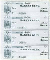 Four unused, engraved checks, drawn on the Market Bank, Boston