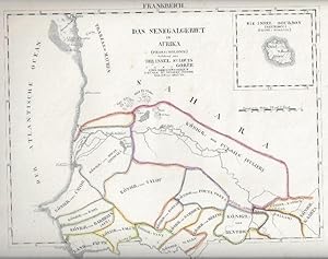 Karte von der Insel St. Louis, Goree, grenzkol. Kupferstich, ( Schlieben, Atlas von Europa )Seneg...