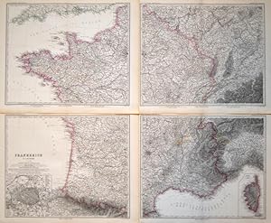 Frankreich in 4 Blättern. Mit Nebenkarten Paris und Corsika. im Massstab 1:1.500.000, entworfen v...