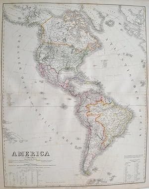 Amerika. Gesamtkarte. mehrfarbig grenzkolorierter Kupferstich, aus Hand - Atlas der Erde und des ...